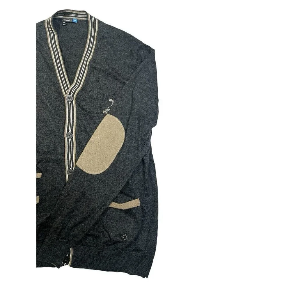 J Lindeberg Cardigan Sweater Mens XXL Fits Sz LARGE Gray Elbow Patch Pinehurst